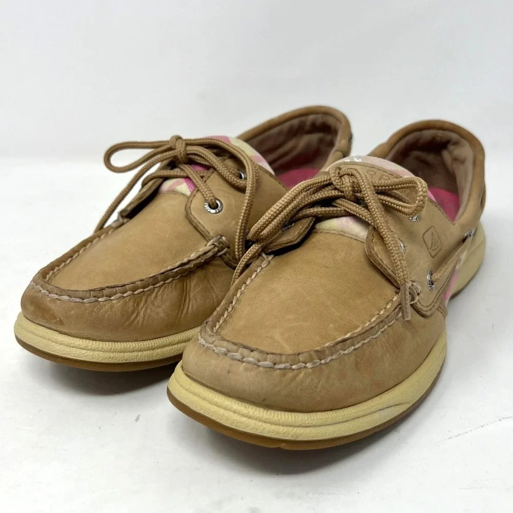 Sperry Womens‎ Plaid Tan Pink Green Leather Boat Deck Shoes Size 6M Preppy Girl